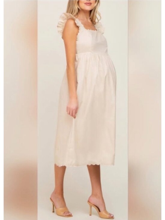 Listicle Dresses & Skirts - Listicle Beige Scalloped Ruffle Sleeve Cotton Maternity Midi Dress Size M